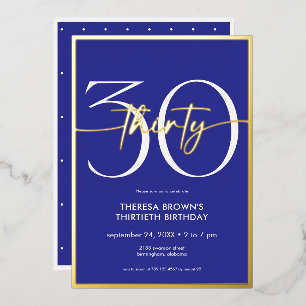 Invitación Con Relieve Metalizado Cumpleaños Moderno Minimalista Azul Real Treinta S