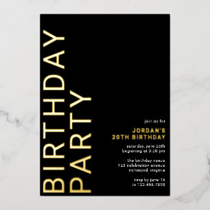 Invitación Con Relieve Metalizado Cumpleaños moderno minimalista negro y dorado para