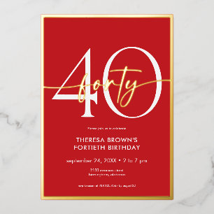 Invitación Con Relieve Metalizado Cumpleaños Moderno Minimalista Rojo Dorado Cuarent