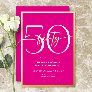 Invitación Con Relieve Metalizado Cumpleaños Moderno Minimalista Rosa Cincuenta Letr