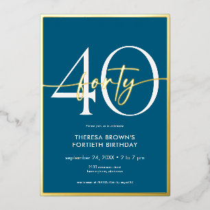 Invitación Con Relieve Metalizado Cumpleaños Moderno Minimalista Teal Cuarenta Scrip