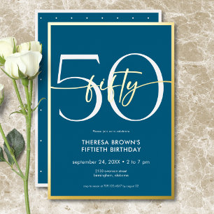 Invitación Con Relieve Metalizado Cumpleaños Moderno Minimalista Teal Fifty Script