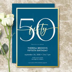 Invitación Con Relieve Metalizado Cumpleaños Moderno Minimalista Teal Fifty Script
