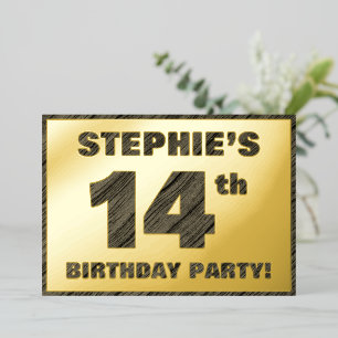 Invitación Con Relieve Metalizado Cumpleaños número 14 — Texto con textura de madera
