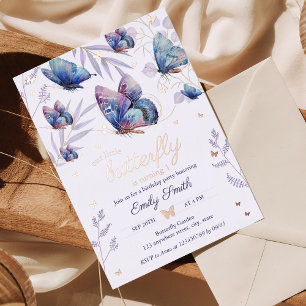 Invitación Con Relieve Metalizado Cumpleaños número 1 de Butterfly Girl