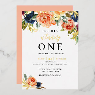 Invitación Con Relieve Metalizado Cumpleaños número 1 de niña en otoño con flores de