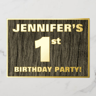 Invitación Con Relieve Metalizado Cumpleaños número 1: Patrón de textura de madera f