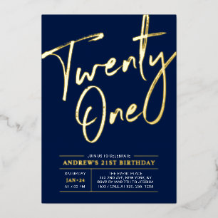 Invitación Con Relieve Metalizado Cumpleaños número 21 Letra Azul Marino Cumpleaños 