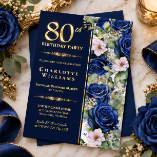 Invitación Con Relieve Metalizado Cumpleaños número 80 Elegante con Rosas Azules Flo