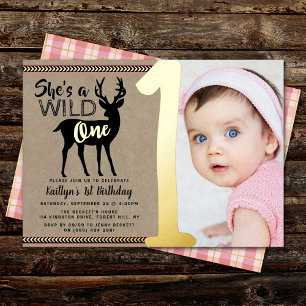 Invitación Con Relieve Metalizado Cumpleaños número uno de Wild One Woodland Deer Gi
