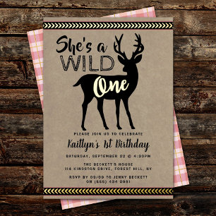 Invitación Con Relieve Metalizado Cumpleaños número uno de Wild One Woodland Deer Gi