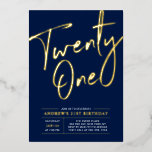 Invitación Con Relieve Metalizado Cumpleaños número veintiuno con letra Navy blue<br><div class="desc">Celebra tu día especial con esta elegante invitación de cumpleaños número 21 en foil. Este diseño presenta un texto de foil dorado chic "Veintiuno" sobre un fondo azul marino. Puedes elegir el color de estampado de foil real (Dorado, Plateado, Rosa dorado). Más diseños y suministros para fiestas están disponibles en...</div>