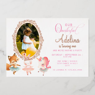 Invitación Con Relieve Metalizado Cumpleaños Onederful Bailarina Animal Cuata 1st
