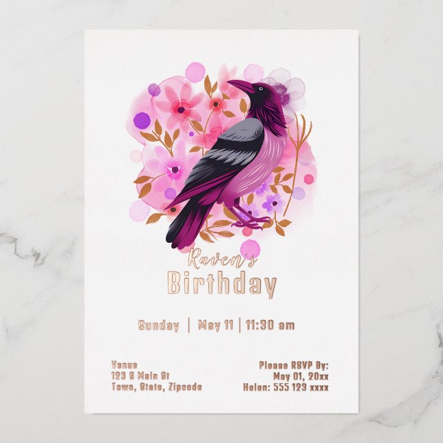 Invitación Con Relieve Metalizado Cumpleaños personalizado de cuervo (Anverso)