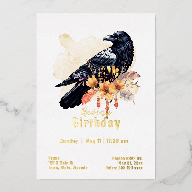 Invitación Con Relieve Metalizado Cumpleaños personalizado de cuervo (Anverso)