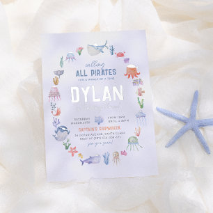 Invitación Con Relieve Metalizado Cumpleaños Pirata de los Chicos del Océano Brillan