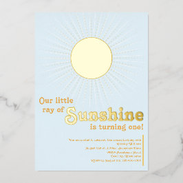 Invitación Con Relieve Metalizado Cumpleaños primero bebé sol azul dorado