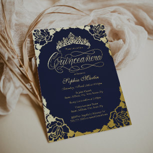 Invitación Con Relieve Metalizado Cumpleaños Quinceañera Elegante Escritura Marina D