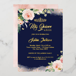 Invitación Con Relieve Metalizado Cumpleaños Quinceañera Floral Rosa Marino