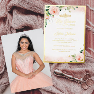 Invitación Con Relieve Metalizado Cumpleaños Quinceañera Foto Floral Rosa Dorado