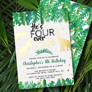 Invitación Con Relieve Metalizado Cumpleaños real de los cuatro niños salvajes dinos