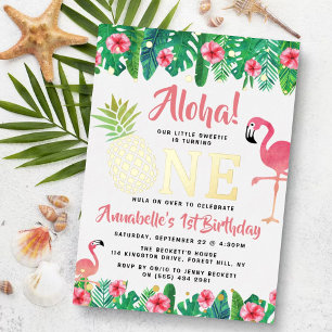 Invitación Con Relieve Metalizado Cumpleaños Real de Niñas Fiesta Hawaiana de Playa 