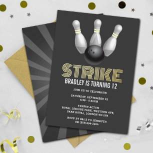 Invitación Con Relieve Metalizado Cumpleaños Retro Bowling para cualquier edad Real