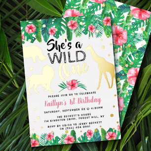 Invitación Con Relieve Metalizado Cumpleaños Salvaje Safari de la Jungla para Niñas