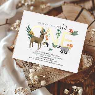 Invitación Con Relieve Metalizado Cumpleaños Salvaje Uno Bosque Animales 1er Cumplea