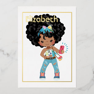 Invitación Con Relieve Metalizado Cumpleaños selfie afroamericano de rosa y dorado