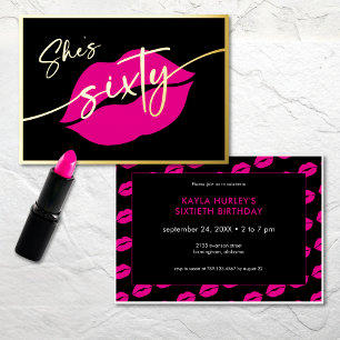 Invitación Con Relieve Metalizado Cumpleaños Sesenta Moderno Minimalista Labios Rosa