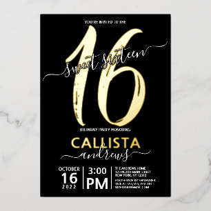 Invitación Con Relieve Metalizado Cumpleaños Simple Real Gold Black Dulces 16