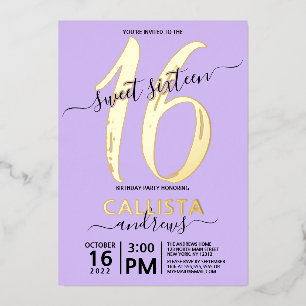 Invitación Con Relieve Metalizado Cumpleaños Simple Real Gold Lavanda Dulces 16