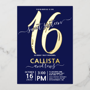Invitación Con Relieve Metalizado Cumpleaños Simple Real Gold Navy Blue Sweet 16