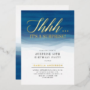 Invitación Con Relieve Metalizado Cumpleaños sorpresa de acuarela dorada y azul