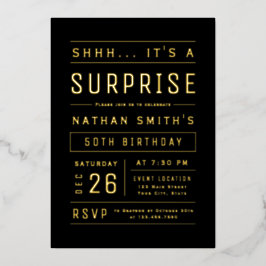 Invitación Con Relieve Metalizado Cumpleaños Sorpresa Tipografía Moderna en Negro y