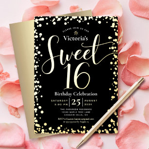 Invitación Con Relieve Metalizado Cumpleaños Sweet 16 Moderno Femenino Oro Real Negr