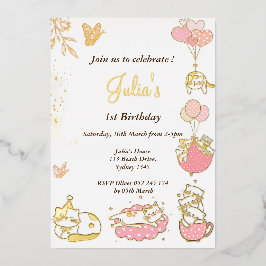 Invitación Con Relieve Metalizado Cumpleaños tema gato niña 1 año