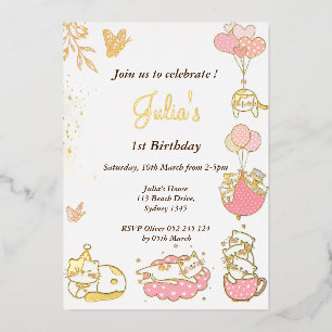 Invitación Con Relieve Metalizado Cumpleaños tema gato niña 1 año