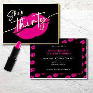 Invitación Con Relieve Metalizado Cumpleaños treinta labios rosa minimalista moderno