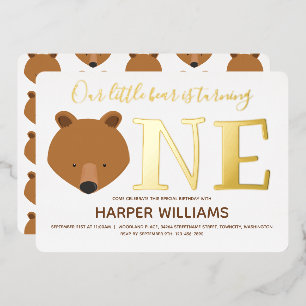 Invitación Con Relieve Metalizado Cumpleaños Uno Oso Animal Gold One