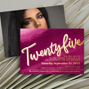 Invitación Con Relieve Metalizado Cumpleaños veinticinco 25º fiesta dorado rojo rosa