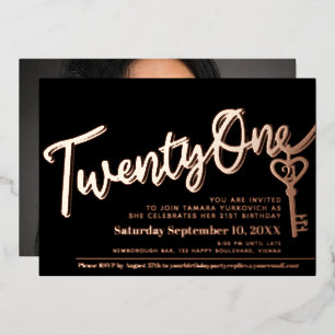 Invitación Con Relieve Metalizado Cumpleaños veintiuno 21 llave negra oro foto