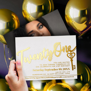 Invitación Con Relieve Metalizado Cumpleaños veintiuno 21 llaves de oro blanco foto