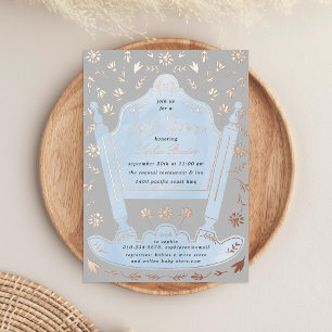 Invitación Con Relieve Metalizado cuna antigua azul y gris Baby Shower Rosa Dorado