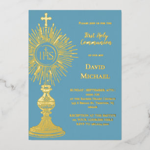 Invitación Con Relieve Metalizado Custodia de lámina de oro Primera Comunión