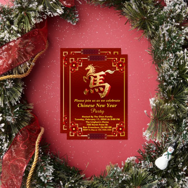 Invitación Con Relieve Metalizado Customized Gold Horse Red Chinese New Year Party  (in situ)