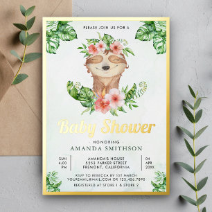 Invitación Con Relieve Metalizado Cute Adorable Floral Slot Chica Baby Shower Gold