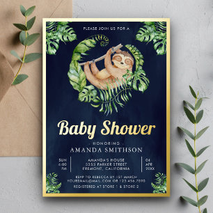 Invitación Con Relieve Metalizado Cute Adorable Sloy Blue Baby Shower Gold