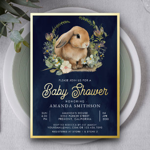 Invitación Con Relieve Metalizado Cute Bunny Floral Navy Blue Baby Shower Gold